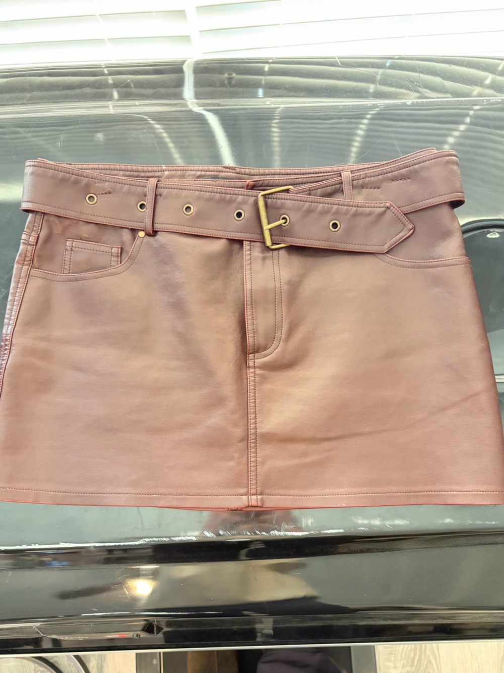 Mauve/Maroon Leather Mini-Skirt w/ Belt